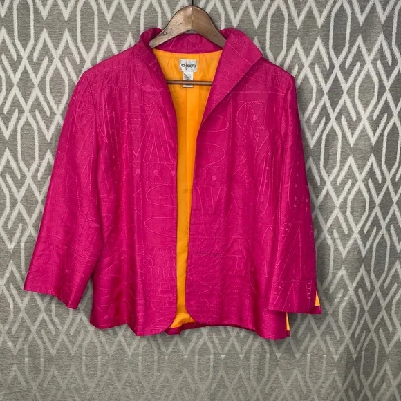 Chico’s Embroidered Topper Jacket 100% Silk Pink Size 1 - Picture 1 of 3